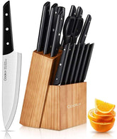 Sets with Block, 15-Piece Kitchen Knife Set with Sharpener, Germany Stainless Steel Knife Block Set and Serrated Steak Knives