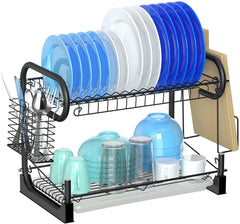 Dish Drying Rack, Packism 2 Tier Dish Rack with Utensil Holder, Cutting Board Holder and Dish Drainer for Kitchen Counter Top Racks of Dishes, Black