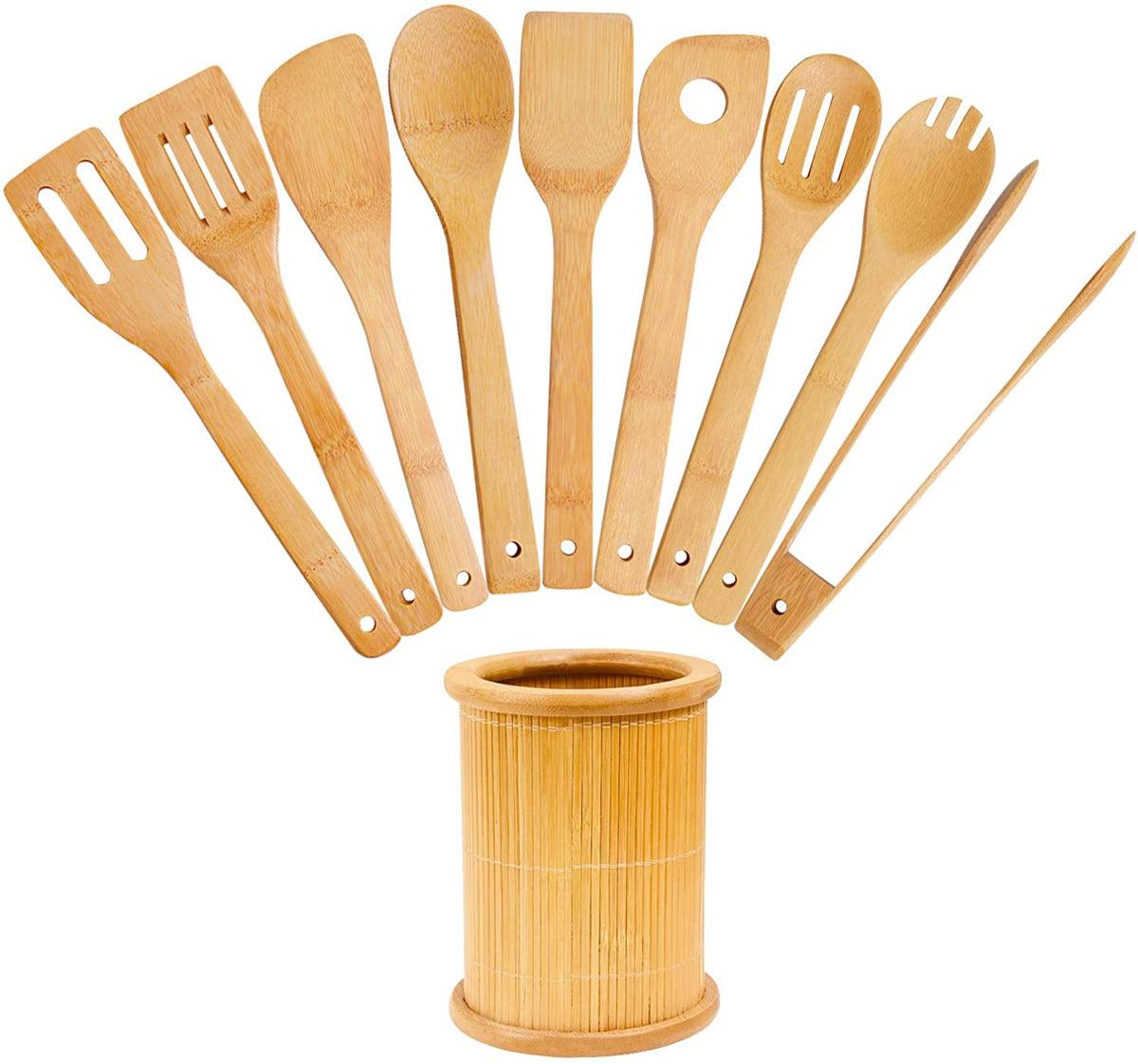 Wooden Spoons Cooking Utensils Set - 9 Pieces Bamboo Spatulas Tong and 1 Holder, Heat Resistant for Non Stick Cookware