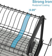 Dish Drying Rack, Packism 2 Tier Dish Rack with Utensil Holder, Cutting Board Holder and Dish Drainer for Kitchen Counter Top Racks of Dishes, Black