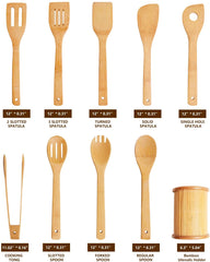 Wooden Spoons Cooking Utensils Set - 9 Pieces Bamboo Spatulas Tong and 1 Holder, Heat Resistant for Non Stick Cookware