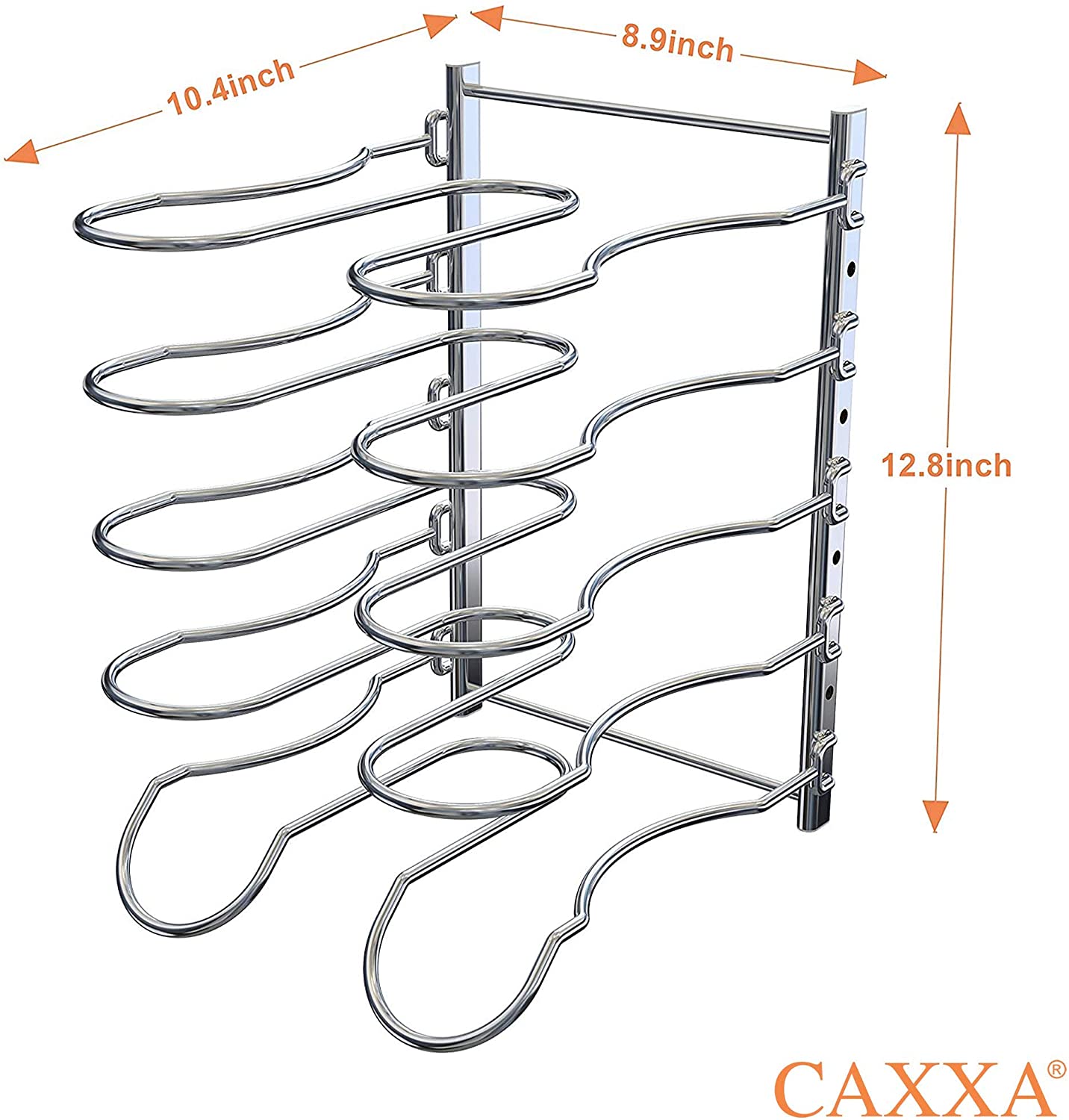 CAXXA Heavy Duty Pan Rack, Pot Lid Rack, Kitchen Cabinet Pantry Cookware Organizer Rack Holder | 5 Adjustable Dividers, Chrome