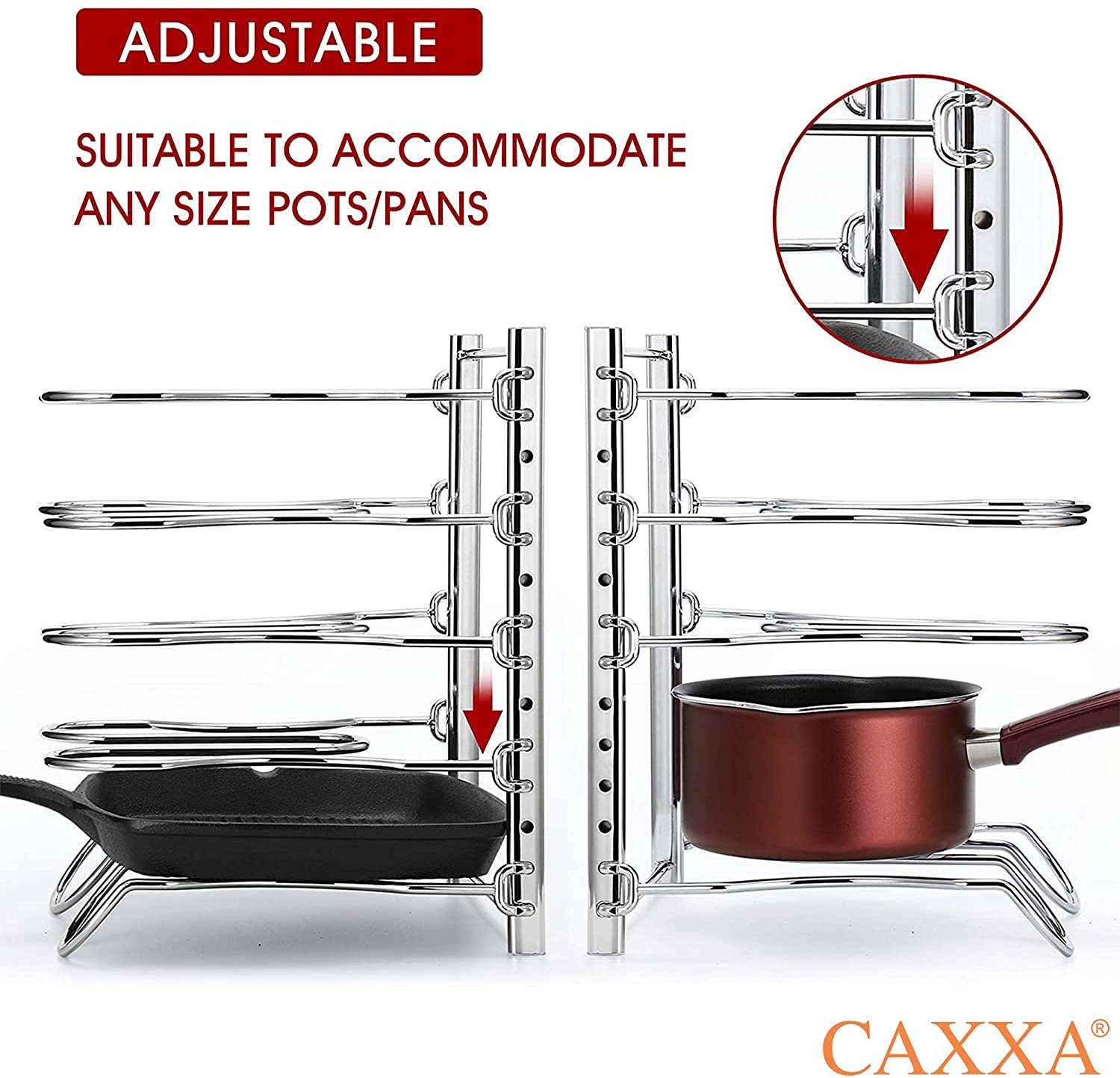 CAXXA Heavy Duty Pan Rack, Pot Lid Rack, Kitchen Cabinet Pantry Cookware Organizer Rack Holder | 5 Adjustable Dividers, Chrome