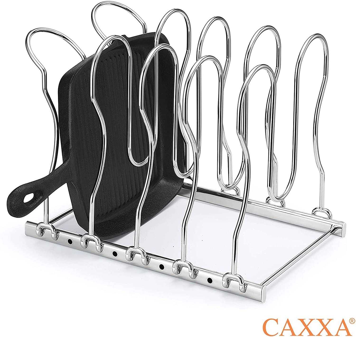 CAXXA Heavy Duty Pan Rack, Pot Lid Rack, Kitchen Cabinet Pantry Cookware Organizer Rack Holder | 5 Adjustable Dividers, Chrome