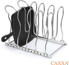 CAXXA Heavy Duty Pan Rack, Pot Lid Rack, Kitchen Cabinet Pantry Cookware Organizer Rack Holder | 5 Adjustable Dividers, Chrome