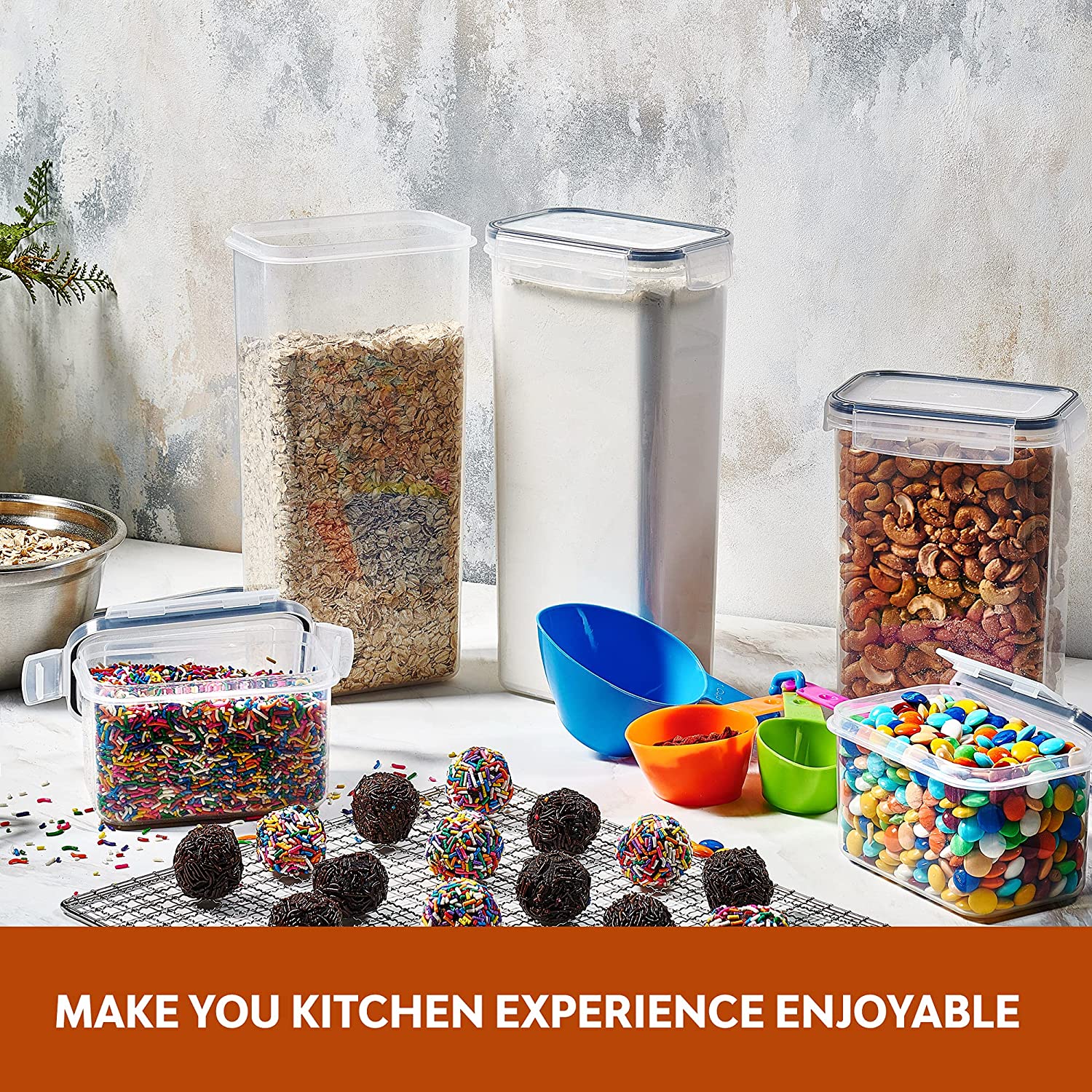 Clear Plastic Kitchen and Pantry Organization Canisters with Durable Lids for Cereal, Dry Food Flour & Sugar - Labels, Marker & Spoon Se
