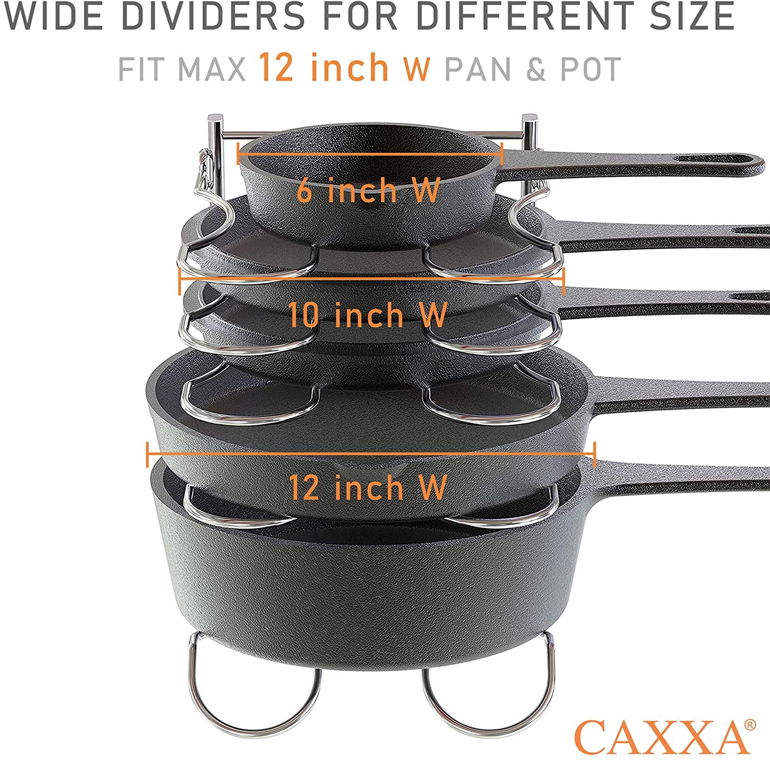 CAXXA Heavy Duty Pan Rack, Pot Lid Rack, Kitchen Cabinet Pantry Cookware Organizer Rack Holder | 5 Adjustable Dividers, Chrome